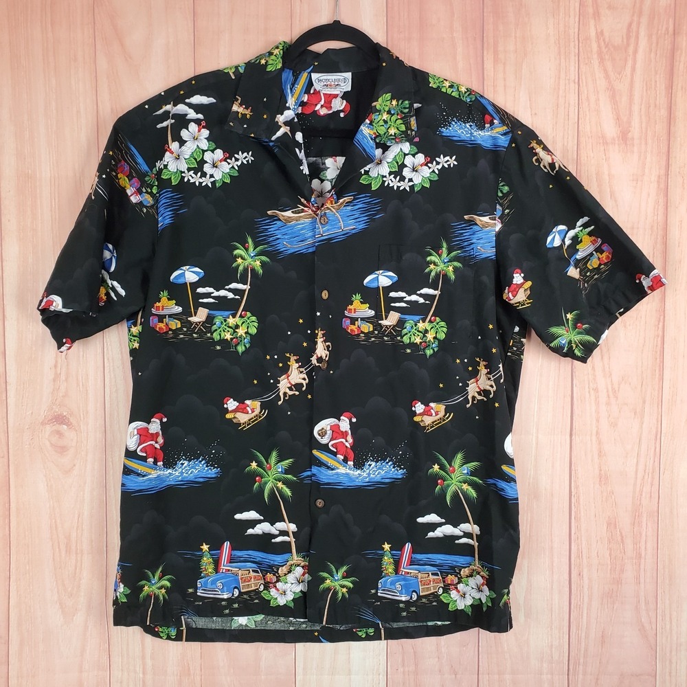 Pacific Legend Santa Claus Hawaiian Mens Shirt XL Black Short Sleeve Button Up